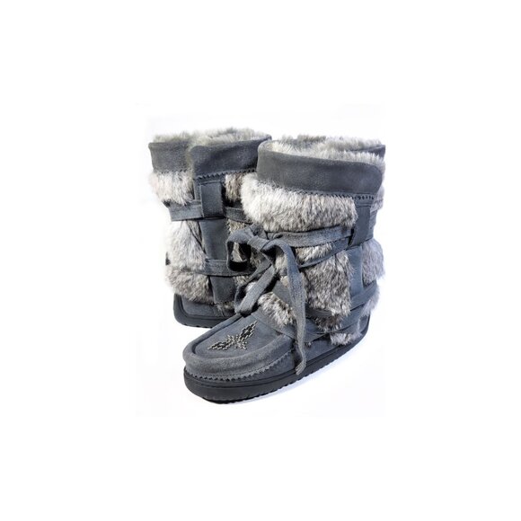 Manitobah Mukluks Wrap Gray Suede Shearling & Rabbit Fur Boots Womens Si… - Picture 1 of 10